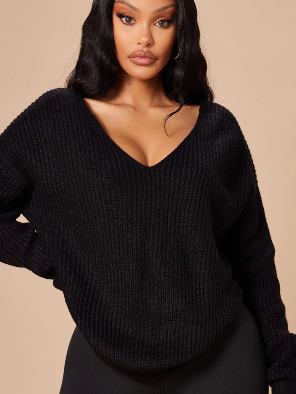 Fashion Nova Falls Favorite Girl Sweater II Black Twist V-Neck Size L